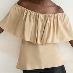 Zara Nude Off The Shoulder Voluminous Ruffled
Frill Linen Blend Blouse size XL